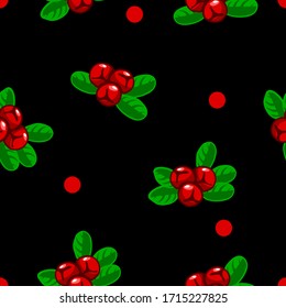 Seamless pattern red cranberry. Cranberries, berries on black background for fabric, wallpaper, packaging, textile, web design.