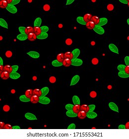 Seamless pattern red cranberry. Cranberries, berries on black background for fabric, wallpaper, packaging, textile, web design.