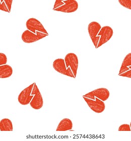 Seamless pattern with red crayon broken hearts on white background

