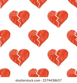 Seamless pattern with red crayon broken hearts on white background

