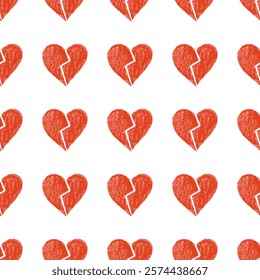 Seamless pattern with red crayon broken hearts on white background

