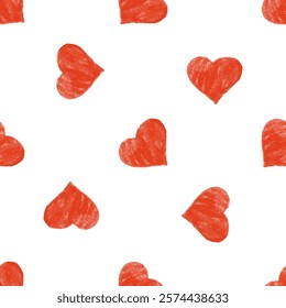 Seamless pattern with red crayon hearts on white background in doodle style

