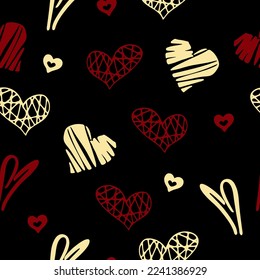 Seamless pattern with a red and cream color hearts, on black background