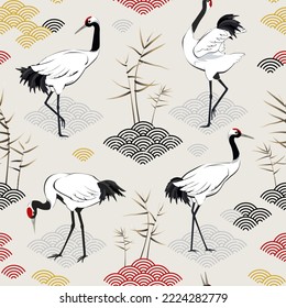 Seamless pattern with red crowned japanese cranes and stylized water surface