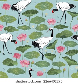 Seamless pattern with red crowned japanese cranes among lotus flowers and leaves on water surface