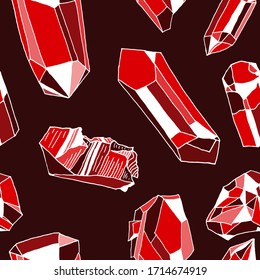  Patrón sin problemas. Cristales rojos en un fondo oscuro, ilustración vectorial de dibujo manual. minerales
