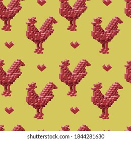 Seamless pattern with the red cubic roosters on the yellow background