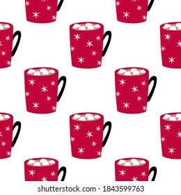 Seamless pattern. Red cup with cocoa and marshmallows. New Year's illustration. Vector.