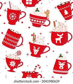 Seamless pattern. Red cup with a hot drink. Christmas cute card. Vector illustration. Eps 10