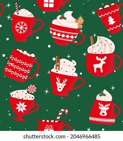 Seamless pattern. Red cup with a hot drink. Christmas cute card. Vector illustration. Eps 10