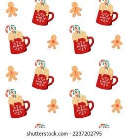 Seamless pattern. Red cup with a hot drink and gingerbread man coockie. Christmas cute card. Vector illustration. Eps 10