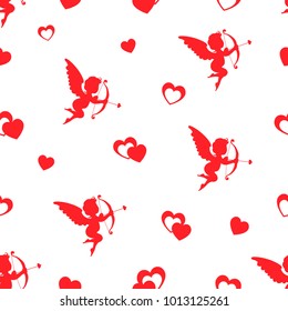 Seamless pattern with red cupids and hearts.  Valentine's Day