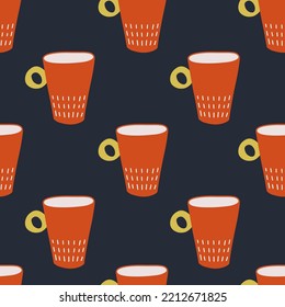 Seamless pattern of red cups. Cute vector illustration. Design print to social media, kitchen textile, wallpaper, wrapping paper. Element for pottery shop, tableware, craft home decor.