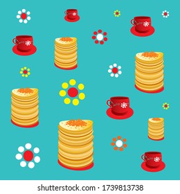 Seamless pattern with red cups, pancakes with red caviar and daisies on a turquoise background.