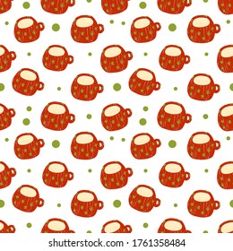 Seamless pattern with red cups of tea with milk and green circles. Vector illustration isolated on a white background.