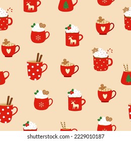 Seamless pattern with red cups, whipped cream, cinnamon sticks and gingerbread cookies. Background for cozy winter design. Vector illustration