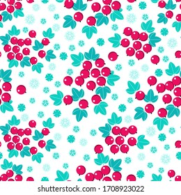 Seamless pattern with red currant berries and green leaves on a white background. Vector illustration.