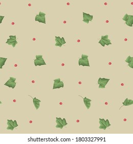 Seamless pattern with red currant berries and green leaves. Design for wallpaper, background, fabric, textile, cafe, restaurant, resort, exotic, packaging