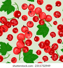 Seamless pattern of red currant and green leaves. Ripe berries. Fruit picking. Vector illustration in the flat style for the design of menus, recipes and food packages.