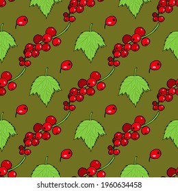 Seamless pattern with red currant and its leaves on dark green background. Vector image. 
