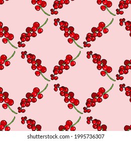Seamless pattern with red currant on light pink background. Vector image.