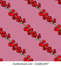 Seamless pattern with red currant on dark pink background. Vector image.