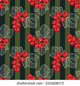 
Seamless pattern with red currants and stylized leaves. Ripe red berry with leaves. Wallpaper, print, wrapping paper, modern textile design. Vector illustration.