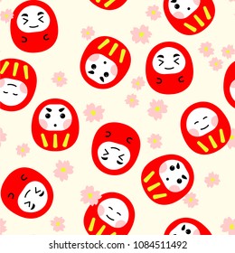 seamless pattern red cute daruma doll with pink sakura, traditional japanese amulet vector illustration