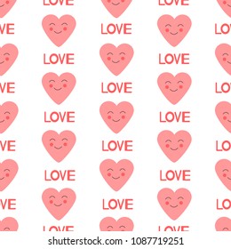 Seamless pattern from the red cute smiles hearts and words love. Vector illustration
