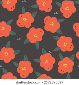 Seamless pattern with red daisy flowers, leaves end dots ob black background. Floral illustration.