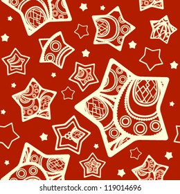 Seamless pattern with red decorated stars. Vector background.