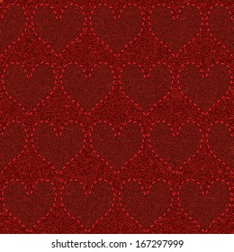Seamless pattern with red denim embroidered hearts. Background for Valentine's Day. Vector illustration.