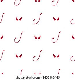 Seamless pattern with red devil tails and horns on white background. Cartoon style. Vector illustration for design, web, wrapping paper, fabric, wallpaper.