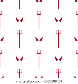 Seamless pattern with red devil tridents and horns on white background. Cartoon style. Vector illustration for design, web, wrapping paper, fabric, wallpaper.