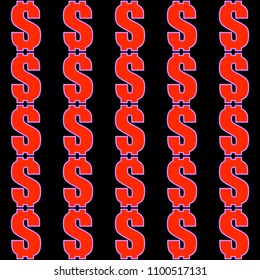 Seamless pattern, red dollar signs on black background, texture for designer