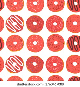 Seamless pattern red donuts with chocolate chips and glaze vector food illustration.