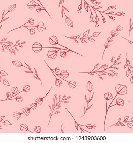 Seamless pattern with red doodle branches silhouettes on a pink background.Pastel print for fabric,wrapping paper,greeting cards,wedding invitations,wallpaper,mugs,background for your design