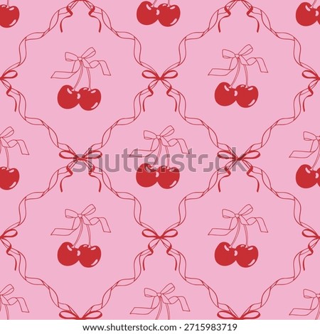 Seamless pattern with red doodle hand drawn cherry, coquette ribbon frames and bows on pink background. Vintage whimsical border. Preppy background for fabric, prints, wallpaper or wrapping paper.