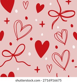 Seamless pattern with red doodle hearts and bows on pink background for Valentine's Day