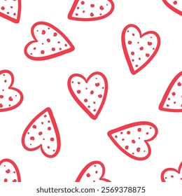 Seamless pattern with red dotted hearts on white background in flat doodle style