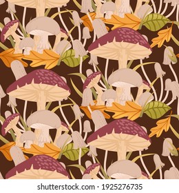 Seamless pattern red dotted poison mushrooms growth in forest with yellow and green leaves vector illustration