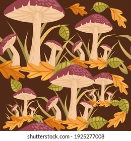 Seamless pattern red dotted poison mushrooms growth in forest with yellow and green leaves vector illustration