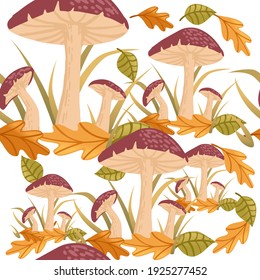 Seamless pattern red dotted poison mushrooms growth in forest with yellow and green leaves vector illustration