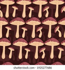 Seamless pattern red dotted poison mushrooms growth in forest vector illustration
