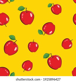 Seamless pattern of red drawn apples on a yellow background. Apple with green leaf.