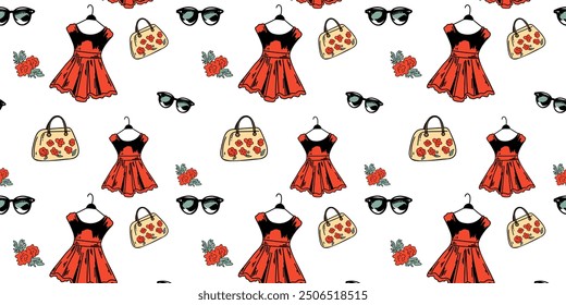 Seamless pattern of red dress, bags and sun glaces on white background