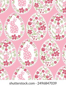 Seamless pattern with red Easter eggs.Easter seamless pattern with rabbit, chamomile, eggs, leaves on pink  background.