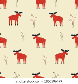 Seamless pattern with red elks. Design for fabric and paper, surface textures.