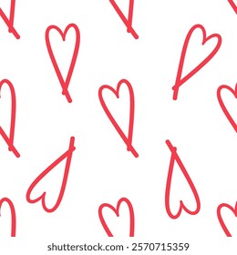 Seamless pattern with red elongated hearts on white background in doodle style