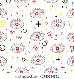 Seamless pattern with red eyes. Doodle style. The Memphis style. Vector illustration with psychedelic symbols. Circles, triangles, lines. Geometrical figure. Turkish evil eye. Psychedelic symbols.